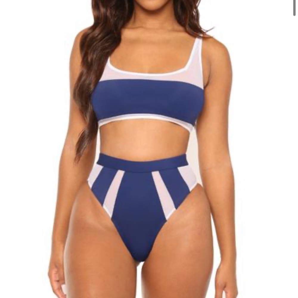 Navy blue and white mesh bikini